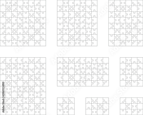 Illustration of nine white puzzles, separate pieces 