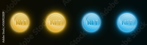 Set of gold and blue icons NFT non-fungible token coins with a bright glow on dark background. Vector illustration