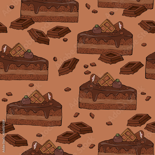 Pattern with pieces of chocolate cake and chocolate bar