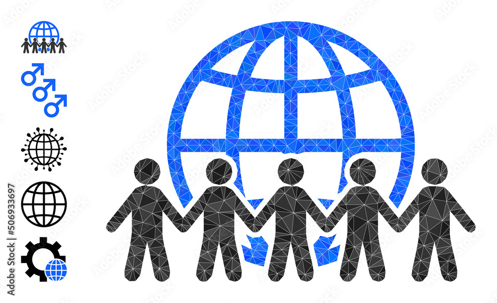 Vector lowpoly world people icon image is designed with scattered filled triangle parts. Triangle world people polygonal 2d vector illustration. Vector lowpoly world people icon image is designed with scattered filled triangle parts. Triangle world people polygonal 2d vector illustration.