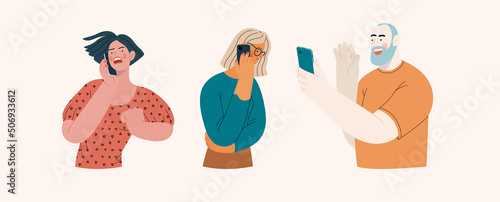 People portraits -Talking on the phone -Modern flat vector concept illustrations of man and women of various races talking on phone, half-length portrait, user avatar. Creative web illustartion set