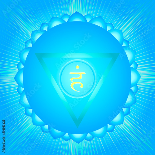 The fifth chakra of Vishudha. Throat chakra with Hindu Sanskrit. Blue is a flat symbol of meditation, yoga. Vector