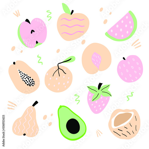 Set with hand drawn fruit doodles. Hand drawn apple, strawberry, watermelon, pear, coconut, avocado, peach and orange. Vector illustration