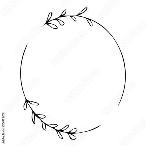 Elegant floral frame, border silhouette in hand drawn doodle style isolated on white background. Wreath decoration, delicate clip art