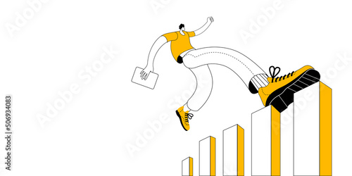 A happy man in casual clothes with a laptop runs along a bar chart of growth. Vector illustration on the theme of success and recovery in business.