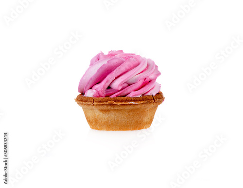 Cupcake with whipped pink and white cream on a white background.