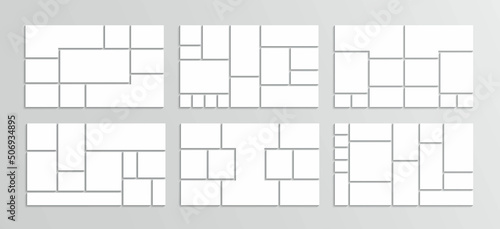 Portfolio images isolated on gray background. Photo album template. Mood board collage grid set. Mosaic pictures frame. Retro gallery banner. Moodboard layout collection. Vector illustration