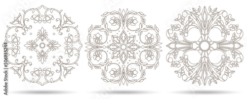 A set of contour illustrations in the stained glass style with floral motifs , dark contours on a white background