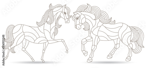 Set of illustrations in stained glass style with contur horses  outline animals isolated on a white background
