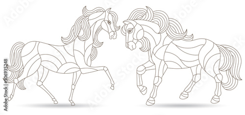 Set of illustrations in stained glass style with contur horses, outline animals isolated on a white background