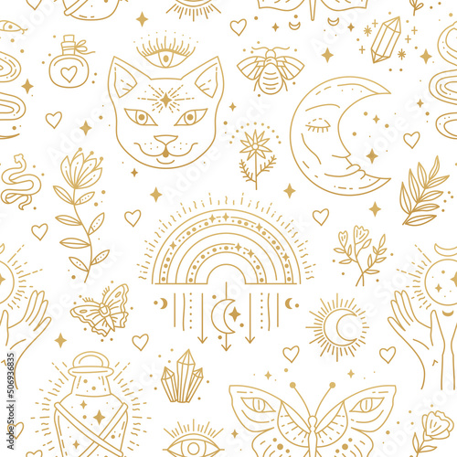 Magic boho symbols seamless pattern. Backdrop of gypsy sacred elements and sign in modern boho style. Golden minimal line art. Cat, moon, butterfly, bottle