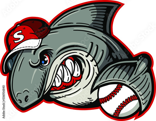 Photography angry shark mascot holding baseball in fin for school, college or league