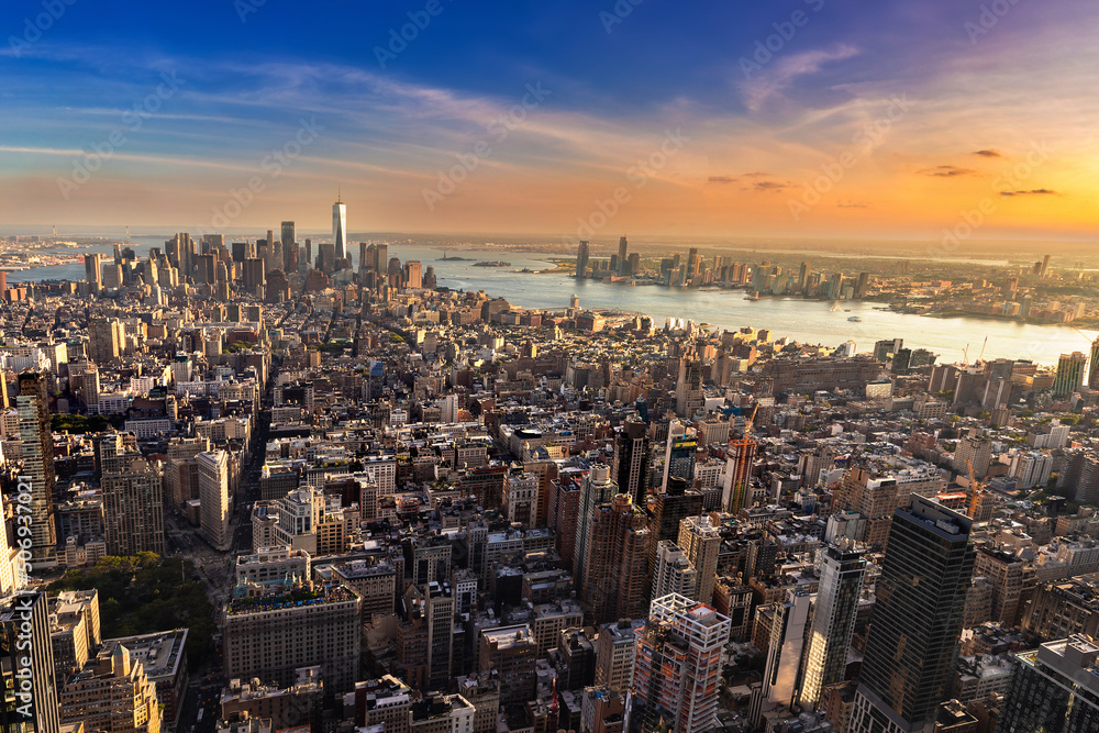 Aerial view of Manhattan at sunset