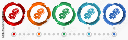 Two dices, casino concept vector icon set,  modern design abstract web buttons in 5 color options, infographic template for webdesign and mobile apps
