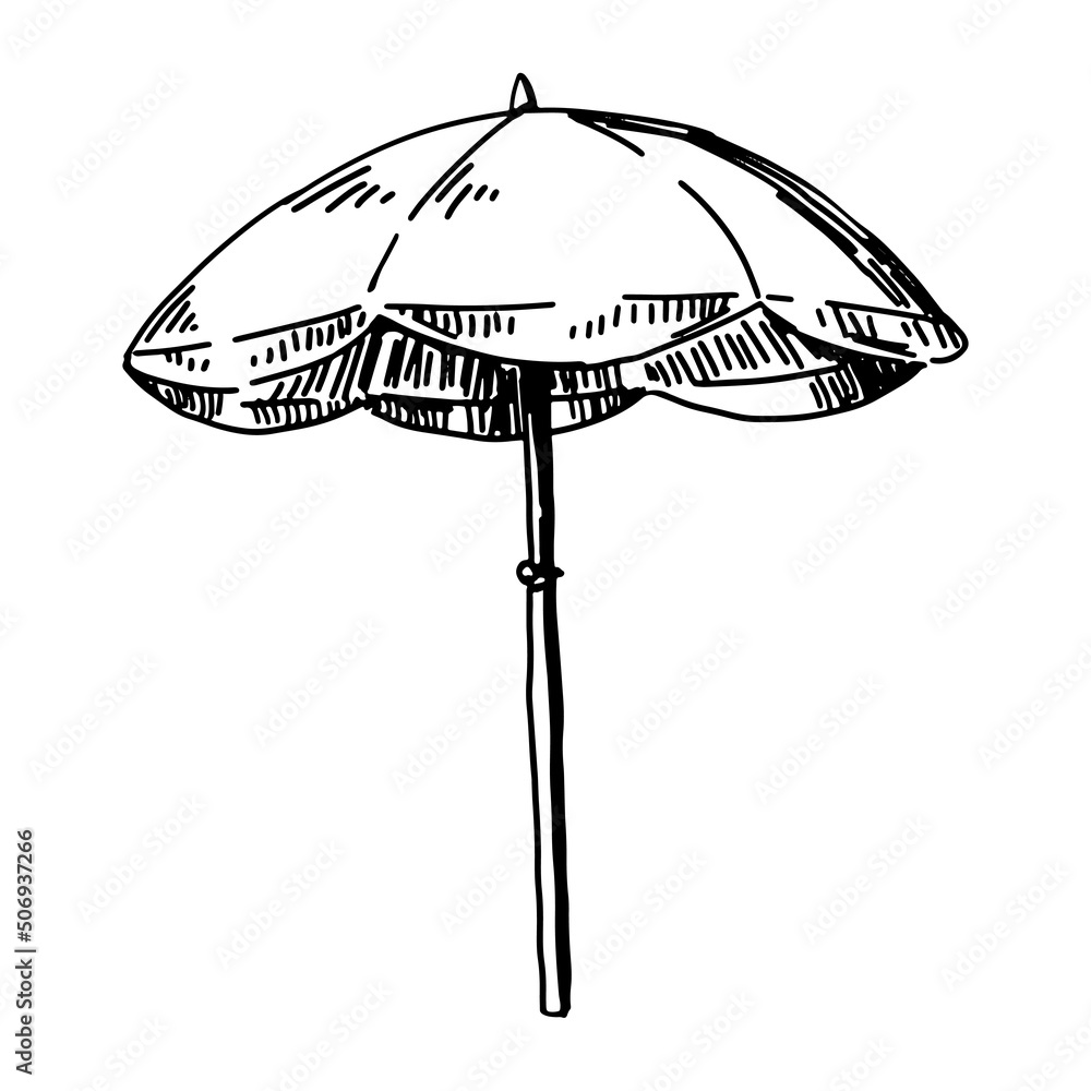Beach umbrella sketch clipart. Summer leisure vacation attribute doodle isolated on white. Hand drawn vector illustration in engraving style. - obrazy, fototapety, plakaty 