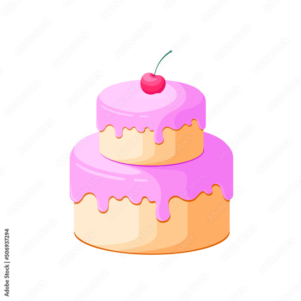 Birthday cake with cherry and pink topping in flat style. Cake with candles. Vector illustration.
Birthday cake with cherry and pink topping in flat style. Cake with candles. Vector illustration.
