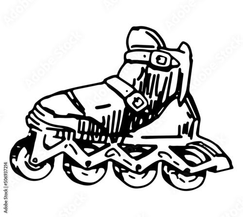 Roller skates sketch clipart. Summer leisure activities sport doodle isolated on white. Hand drawn vector illustration in engraving style.