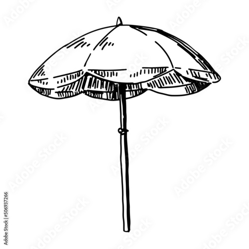 Beach umbrella sketch clipart. Summer leisure vacation attribute doodle isolated on white. Hand drawn vector illustration in engraving style.