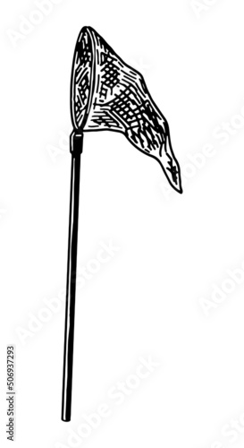 Scoop net sketch clipart. Summer leisure activities doodle isolated on white. Hand drawn vector illustration in engraving style.
