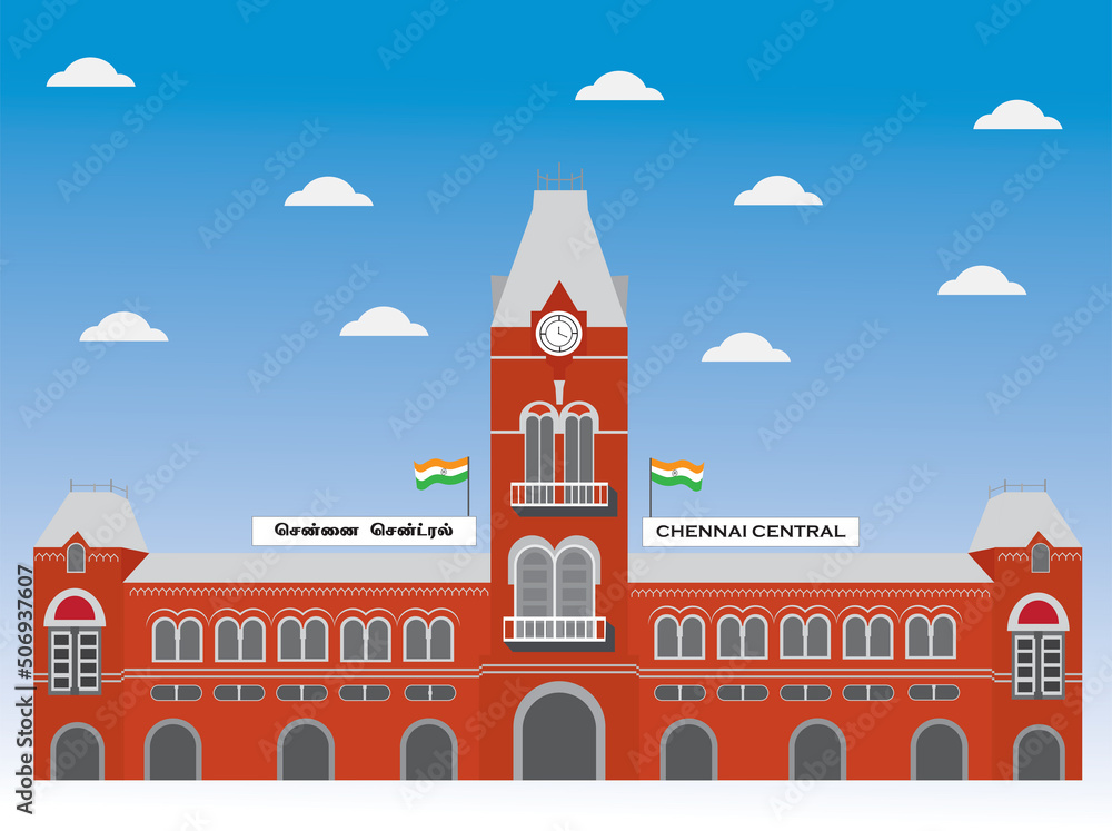 Chennai central railway station vector M.G.R Railways station Tamilnadu , india . British architecture