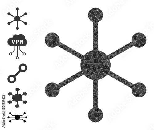 Vector lowpoly central node icon illustration is designed with scattered filled triangles. Triangle central node polygonal icon vector illustration.