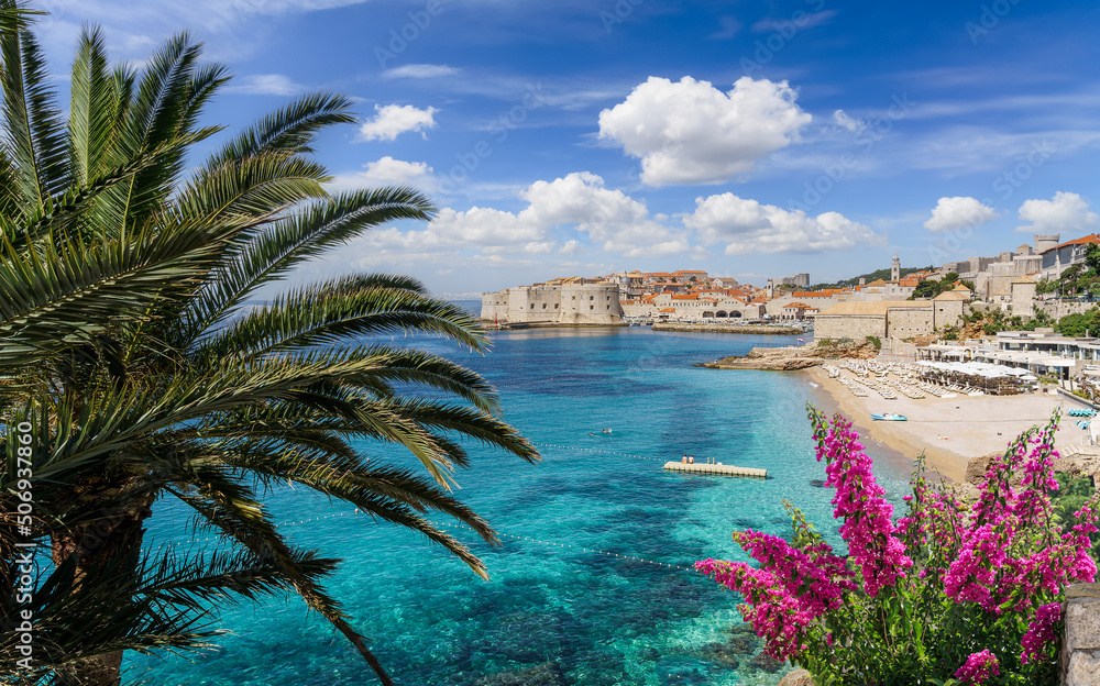 Landscape with Banje beach and old town of Dubrovnik, dalmatian coast, Croatia