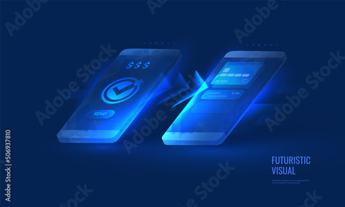 Money transfer in digital futuristic style. The process of conducting a monetary transaction in a mobile application. Isometric vector illustration with light effect and neon.