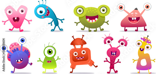 Cute cartoon Monster colorful vector set Eyes tongue tooth fang hands up