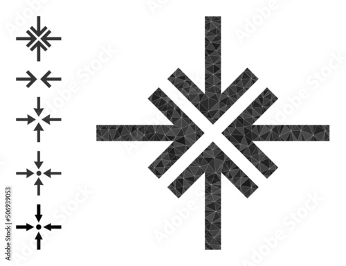 Vector triangulated collision arrows icon image constructed from chaotic filled triangles. Triangle collision arrows polygonal icon vector illustration.