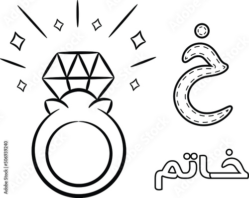 Printable Arabic letter alphabet sketch sheet learning the Arabic letter with ring for coloring