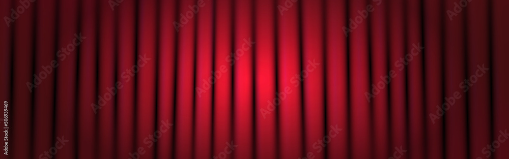 Curtain red. Realistic concert template with spotlight. Wide shining stage background with closed curtain and light. Award ceremony concept. Vector illustration Curtain red. Realistic concert template with spotlight. Wide shining stage background with closed curtain and light. Award ceremony concept. Vector illustration