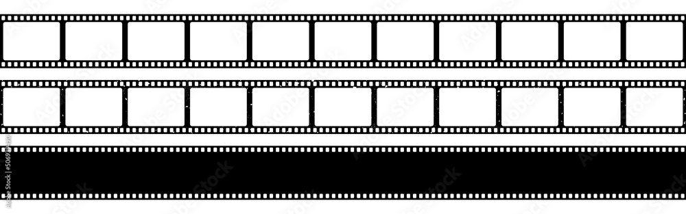 Film strip. Old cinema strips collection. Film frame template. Camera roll on white background. Empty grunge photo frames. Analog negatives. Vector illustration