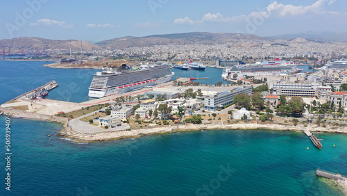 Aerial drone photo of famous seaside area of Peiraiki in the heart of urban Piraeus, Attica, Greece