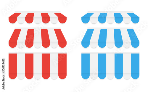 Canopy set. Red and blue awning. Store tent isolated on white backdrop. Realistic striped umbrella. Canopy design for cafe, store or hotel. Vector illustration