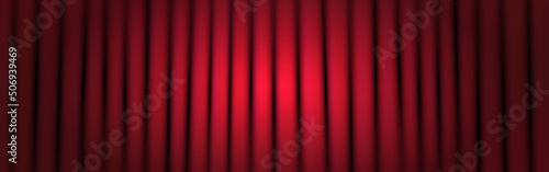 Curtain red. Realistic concert template with spotlight. Wide shining stage background with closed curtain and light. Award ceremony concept. Vector illustration