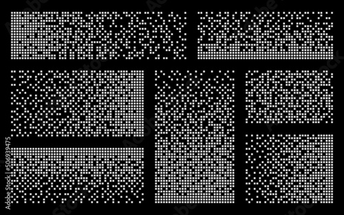 Disintegration collection. Machine Learning visualization concept. Big data technology. Flat halftone mosaic. White dispersed elements. White pixels on black. Vector illustration