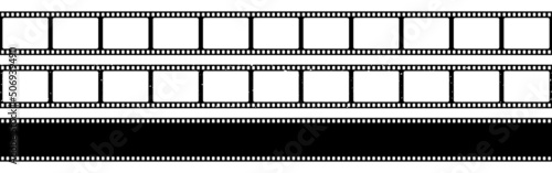 Film strip. Old cinema strips collection. Film frame template. Camera roll on white background. Empty grunge photo frames. Analog negatives. Vector illustration