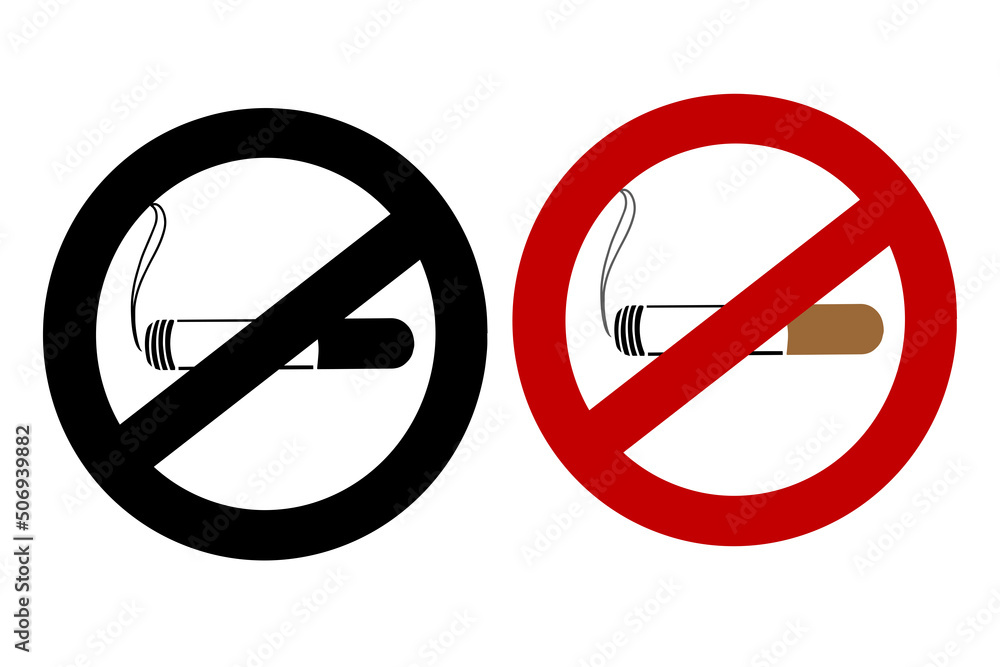 Ilustración. Signo de prohibido fumar en color y en blanco y negro. Día contra el uso legal o ilegal del tabaco. Ilustración. Signo de prohibido fumar en color y en blanco y negro. Día contra el uso legal o ilegal del tabaco.