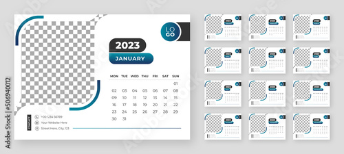 Desktop Monthly Photo Calendar 2023. Simple monthly horizontal photo calendar Layout for 2023 year in English. Cover Calendar and 12 months templates. Week starts from Monday. Vector illustration