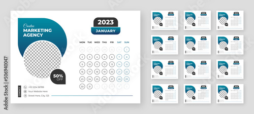 Desktop Monthly Photo Calendar 2023. Simple monthly horizontal photo calendar Layout for 2023 year in English. Cover Calendar and 12 months templates. Week starts from Monday. Vector illustration