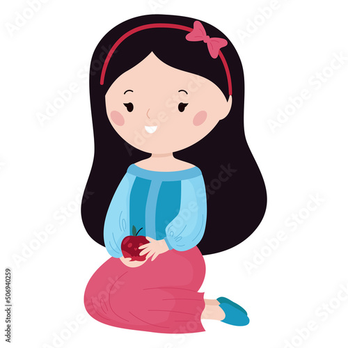 Kawaii Snow White with poison apple on white background. Cartoon princess character. Vector illustration for fairy tale book.