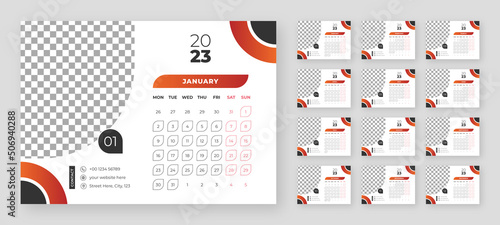 Desktop Monthly Photo Calendar 2023. Simple monthly horizontal photo calendar Layout for 2023 year in English. Cover Calendar and 12 months templates. Week starts from Monday. Vector illustration