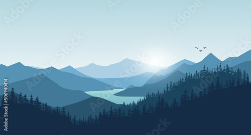 mountain landscape Morning wood panorama, pine trees and mountains