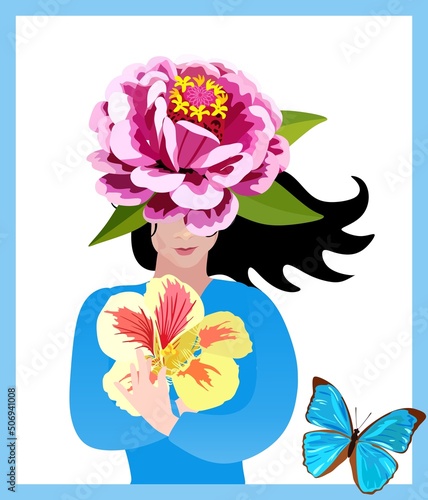 Wallpaper Mural Beautiful young Caucasian girl in hat in the shape of zinnia presses large nasturtium flower to her heart. Large blue butterfly is nearby. Beautiful vector illustration, postcard. Lady Mystery. Torontodigital.ca