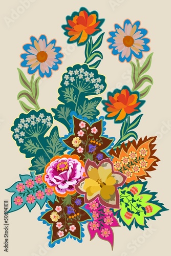 Vertical floral pattern on a white background in a bonnet shade. Imitation patchwork embroidery. Beautiful fabric print.