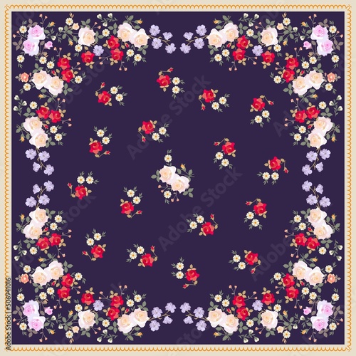 A beautiful scarf, shawl, pillowcase with bouquets of roses on a dark purple background and a light frame. Natural pattern in vector. Fashion accessory.