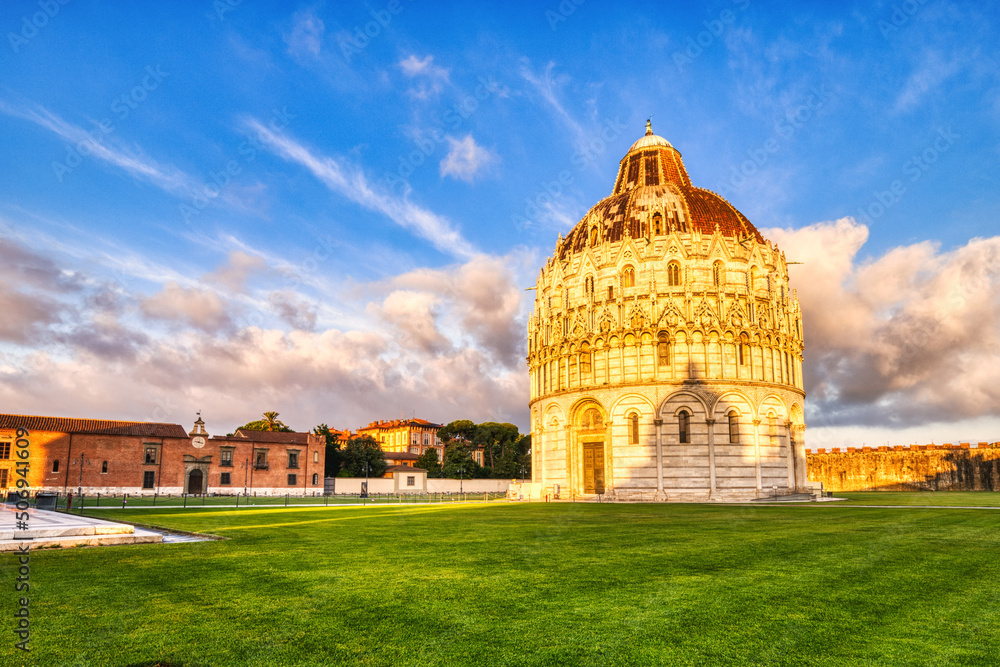 Baptistery of San Giovanni Illuminated at Sunrise in Pisa