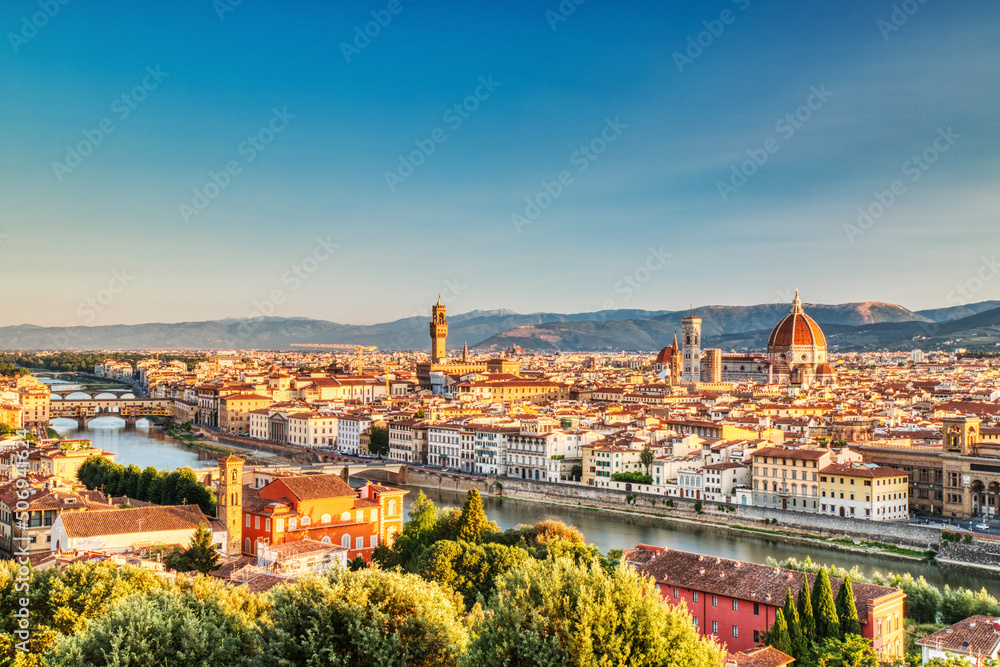 Florence Aerial View at Sunrise over Ponte Vecchio Bridge, Palazzo Vecchio and Cathedral of Santa Maria del Fiore with Duomo