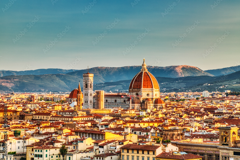 Florence Aerial View at Sunrise over Cathedral of Santa Maria del Fiore with Duomo