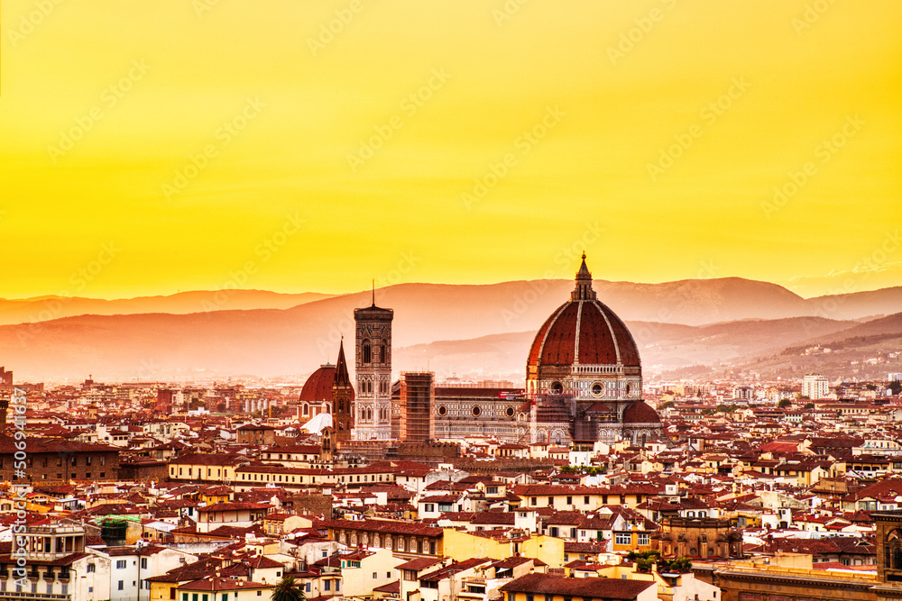 Florence Aerial View at Golden Sunset over Cathedral of Santa Maria del Fiore with Duomo